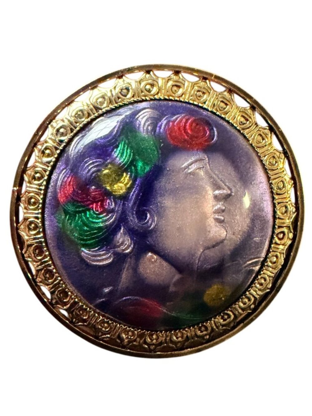 Vintage 1950s Reverse Carved Lucite Renaissance Lady Brooch New Old‎ Stock